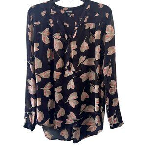 Lucky Brand Black Floral Sheer Button Down V-Neck Blouse Top
